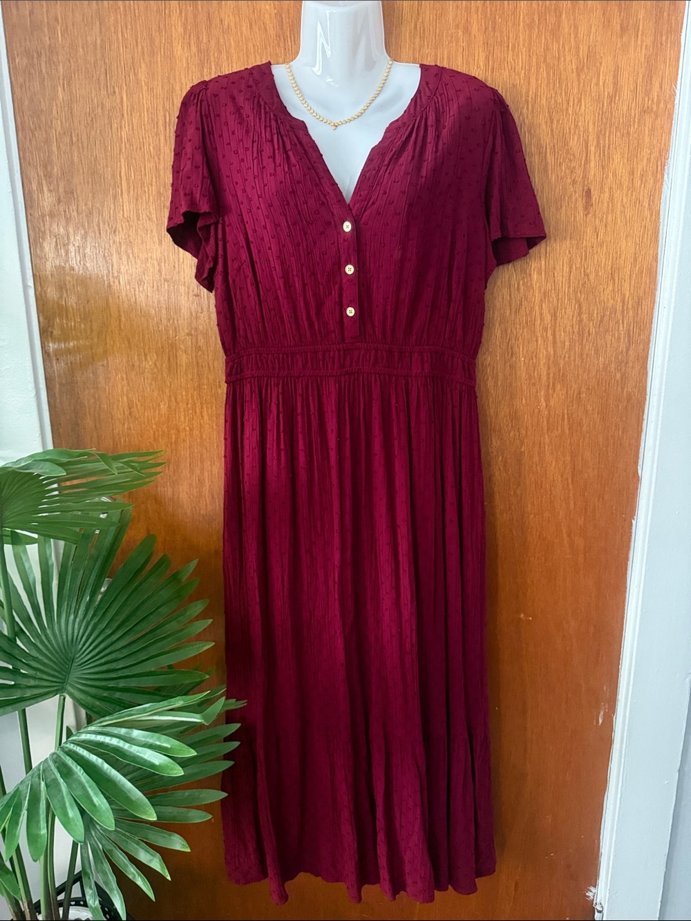 LOFT Burgundy V-Neck Button-Front Midi Dress